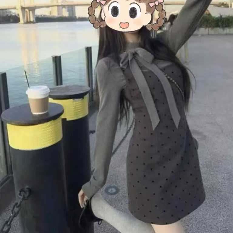 韩系波点连衣裙显瘦蝴蝶结打底T恤两件套套装