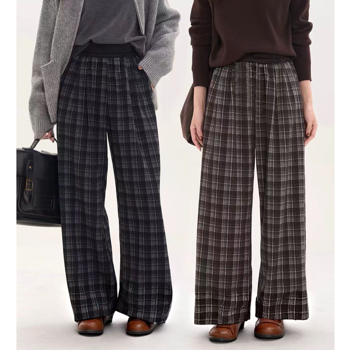 1621休闲格子裤加绒加厚时尚阔腿裤