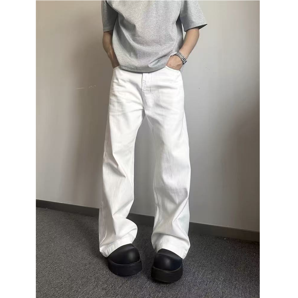 QUALCOMM高级感cleanfit白色牛仔裤男款秋冬潮流宽松直筒阔腿长裤