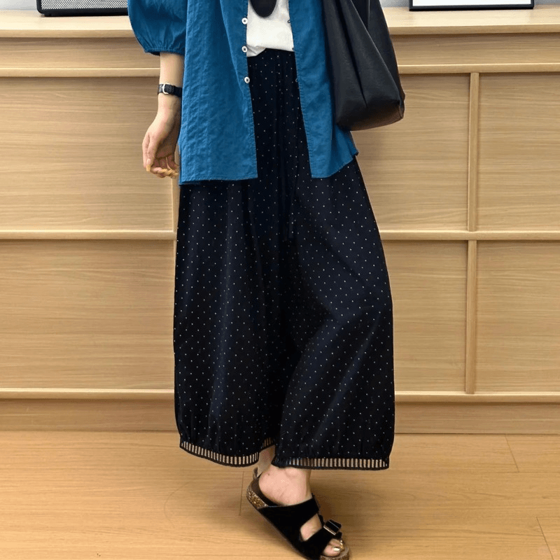 藏青色波点直筒阔腿休闲裤女小个子夏日轻薄灯笼裤梨型遮胯九分裤