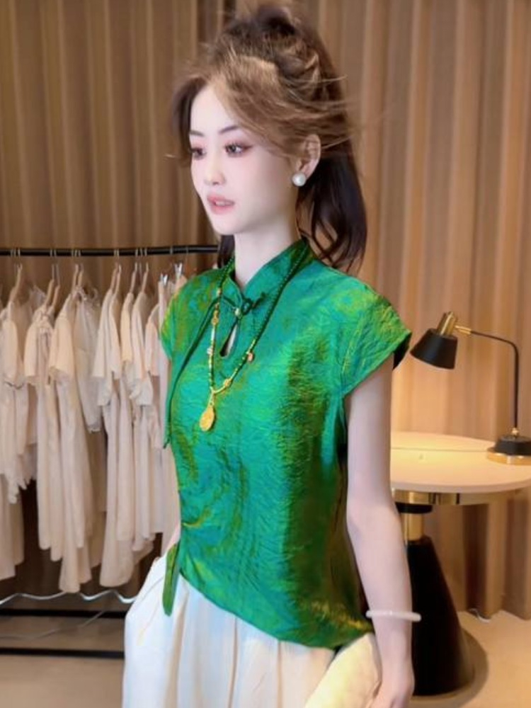 中式国风女装2025新款夏季高级感减龄气质绿色衬衫杏色阔腿裤套装