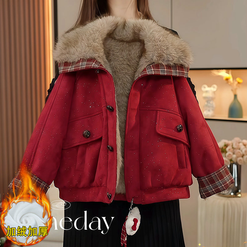 女童红色撒银加绒外套冬装2005新款毛领一体绒格子拼接派克服年服