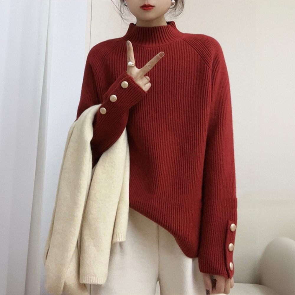 大码女装半高领加厚红色毛衣女秋冬宽松本命年新年针织衫正肩上衣
