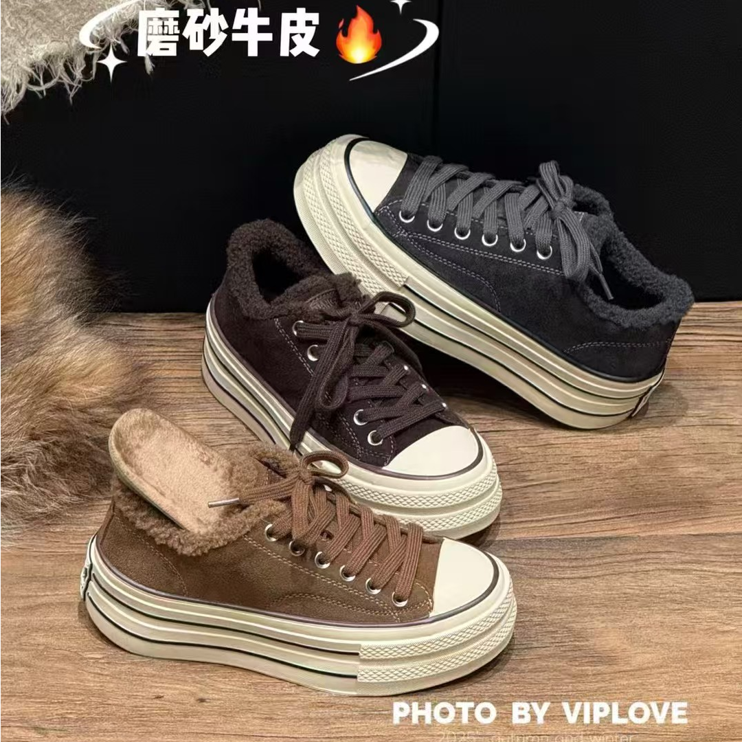 【多多】秋冬新款磨砂牛皮欧货休闲板鞋加毛厚底系带百搭经典休闲鞋