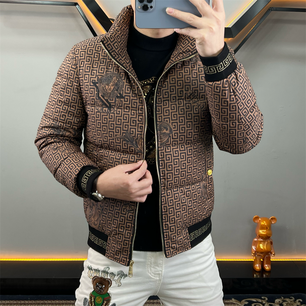 欧货冬季男士羽绒服个性印花立领潮流修身时尚修身保暖外套