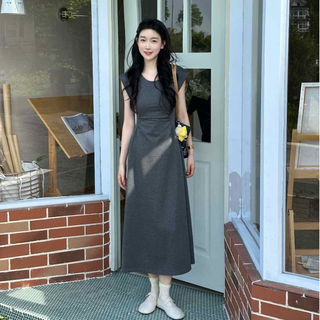 OUDOCKEE 鸥鸥【掐腰裙】灰色纯色连衣裙气质无袖 L2502G405T