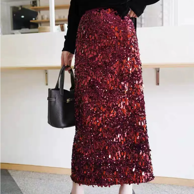 〖猫姐衣橱〗秋季新款欧货大颗粒亮片加厚直筒半身长裙6768