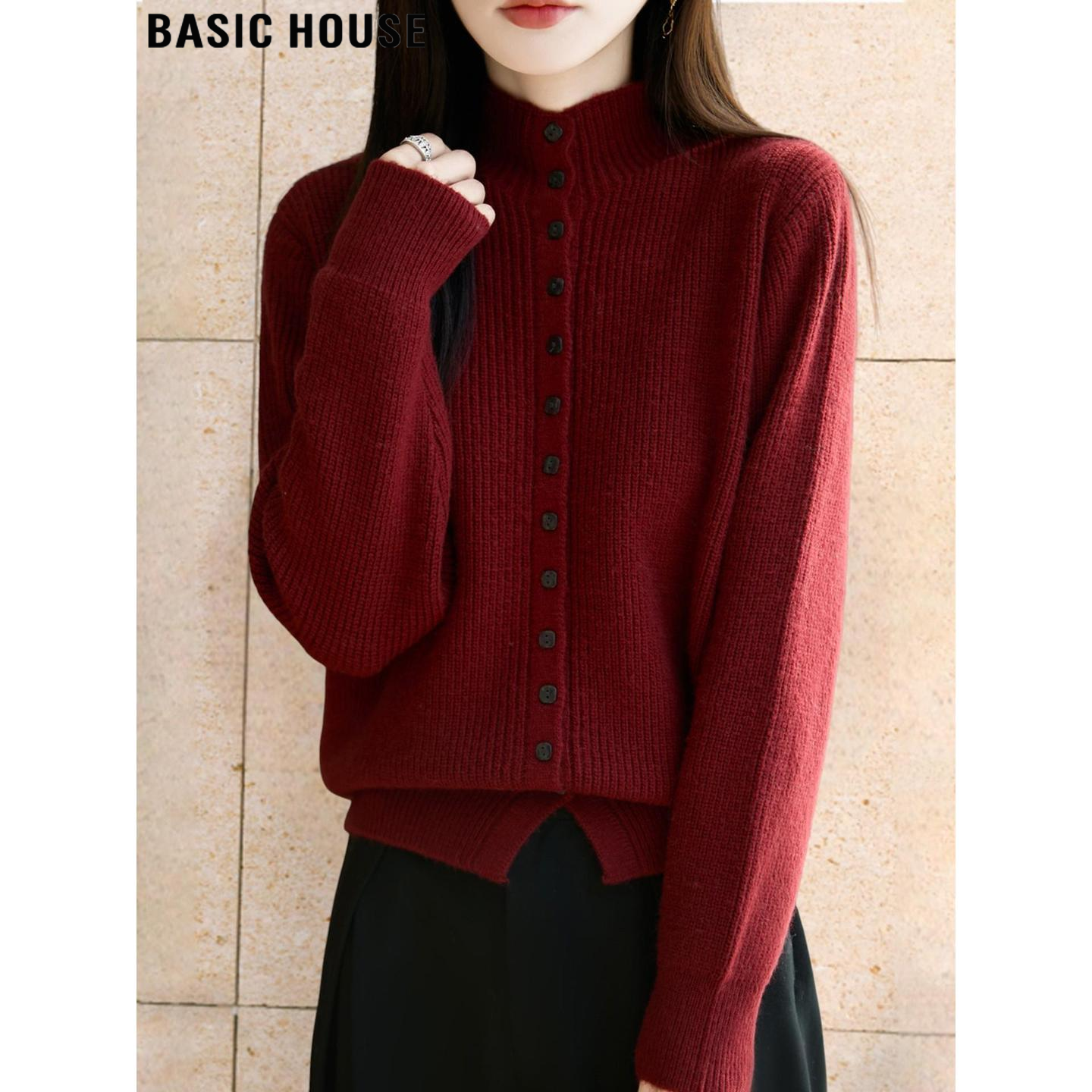 Basic House/百家好安可拉红加厚毛衣外套女冬季含绵羊毛针织开衫