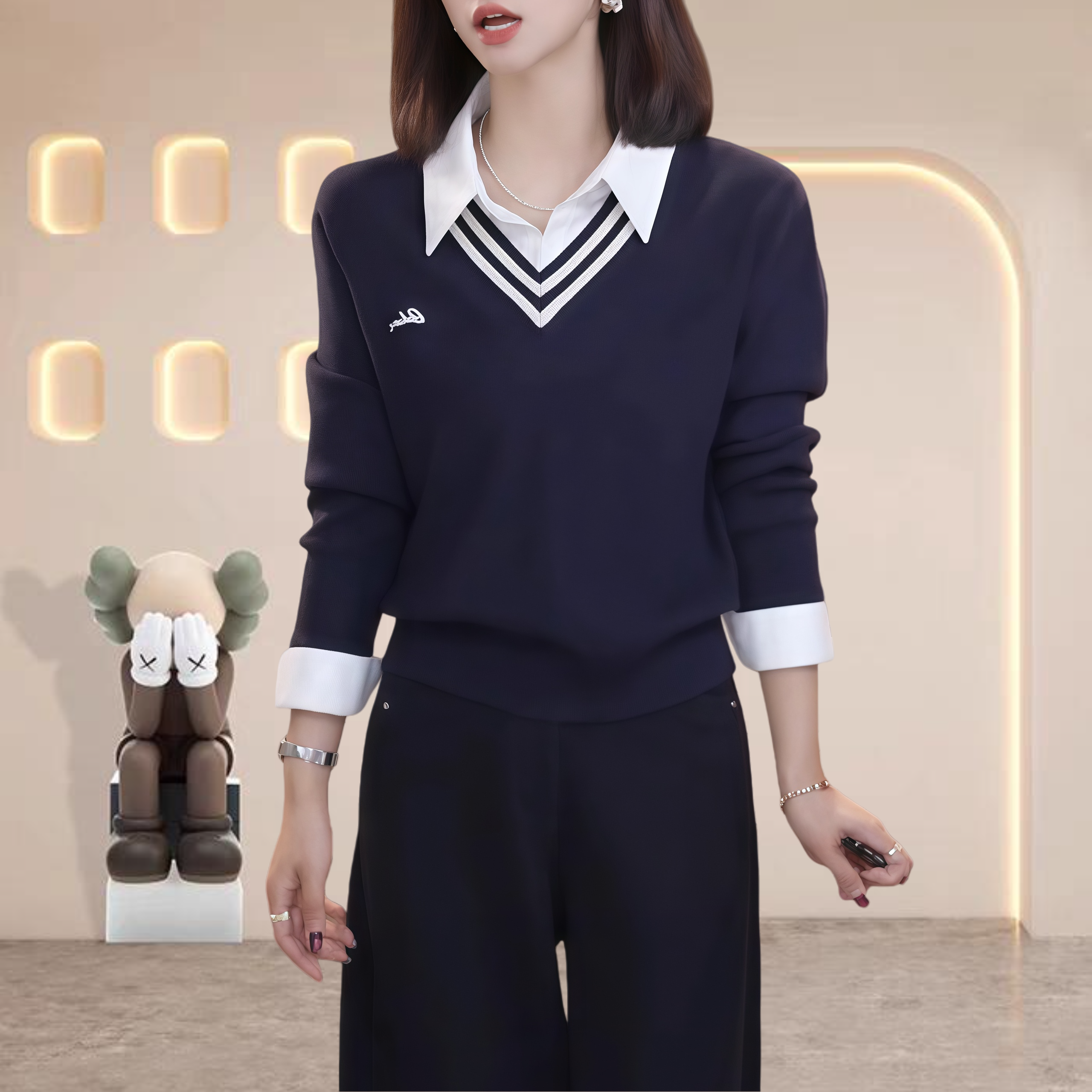 显白翻领藏青色假两件针织衫百搭设计感衬衫领拼接减龄时尚毛衣女