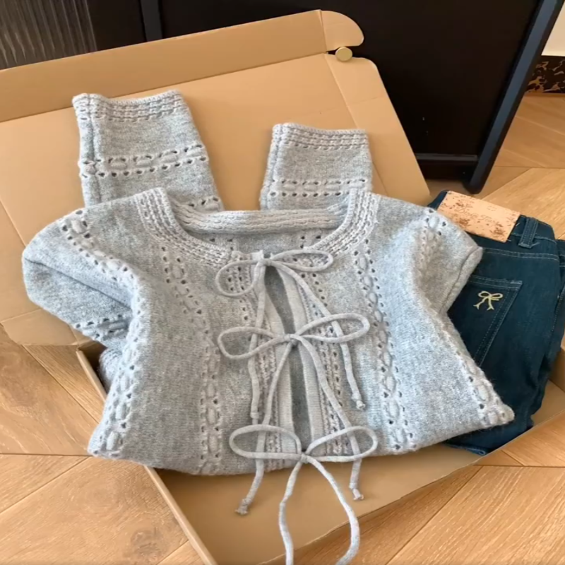 2025韩版系带蝴蝶结长袖针织开衫女秋季新款慵懒显瘦外搭毛衣ins