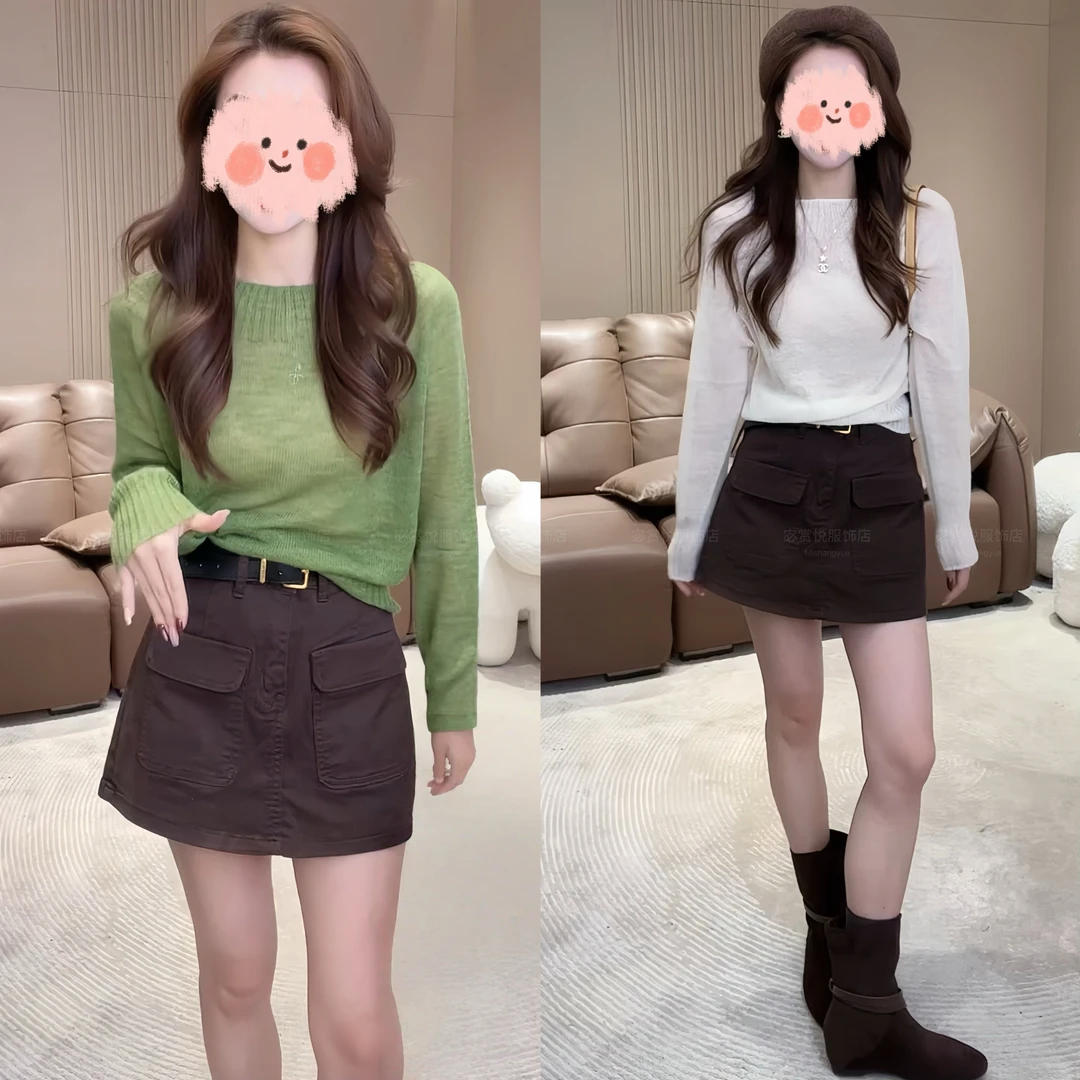 早秋新款纯色百搭高级时尚长袖毛衫上衣复古高腰显瘦气质工装裙裤