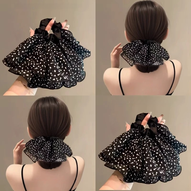 复古波点裙摆发绳后脑勺气质扎低马尾头绳高级感发饰半圆裙摆发圈