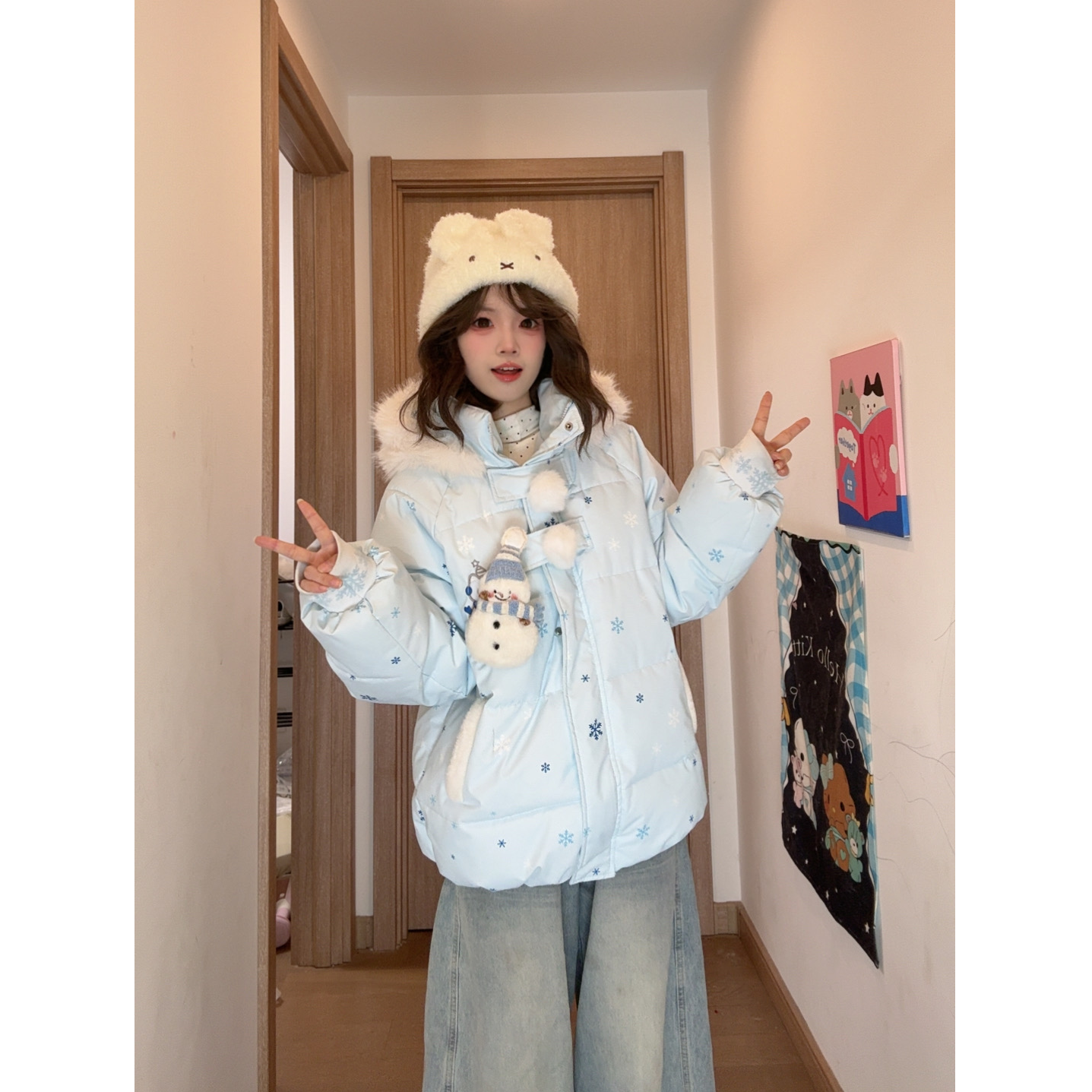 【带配饰】新款雪花可爱雪人魔术贴毛领连帽棉服女冬季软萌加厚棉衣