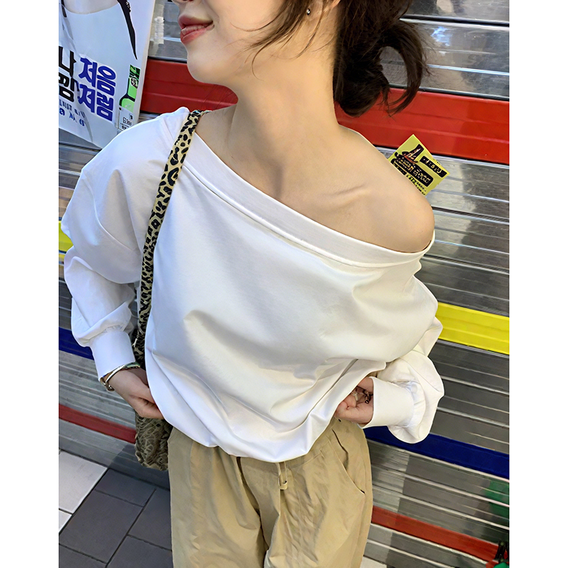 纯欲风一字肩韩系休闲百搭斜领长袖简约纯色宽松版减龄卫衣女上衣