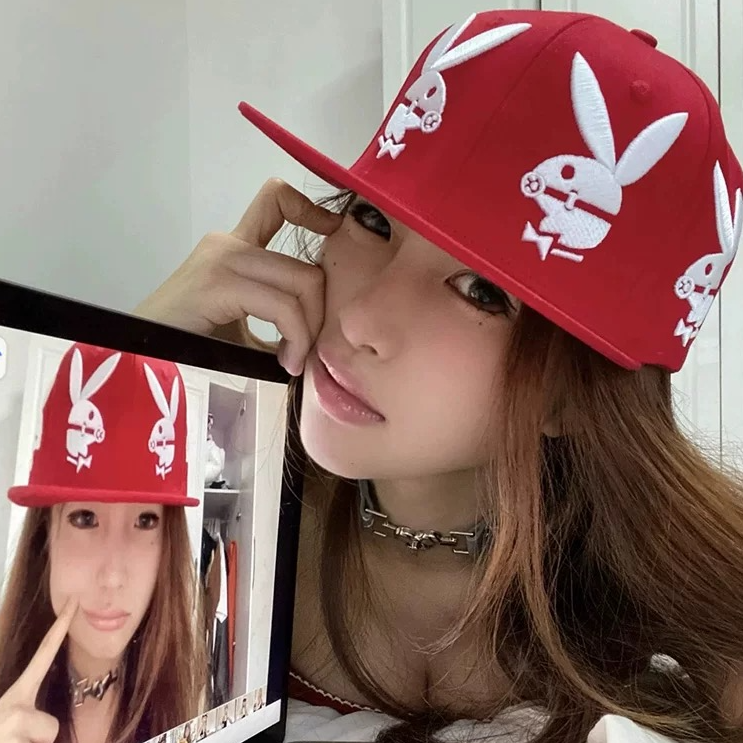 新款美式嘻哈y2k立体刺绣兔子平檐鸭舌帽男女同款大头围显脸小帽