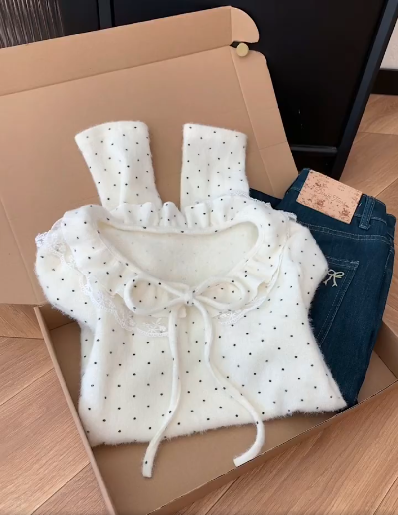 韩版秋冬季新款内搭打底衫白色波点蝴蝶结上衣高级辣妹长袖百搭