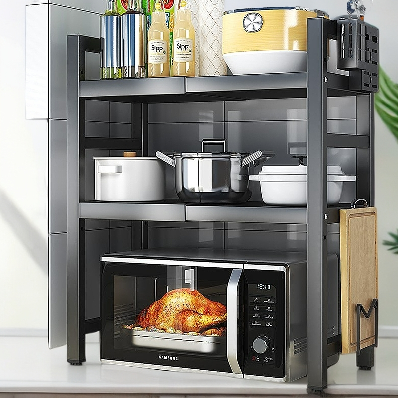 厨房置物架微波炉烤箱架子家用可伸缩双层新款家用电饭锅收纳支架