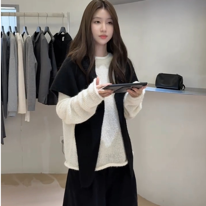 秋季2025年新款韩版休闲简约松弛慵懒感针织披肩上衣阔腿裤三件套