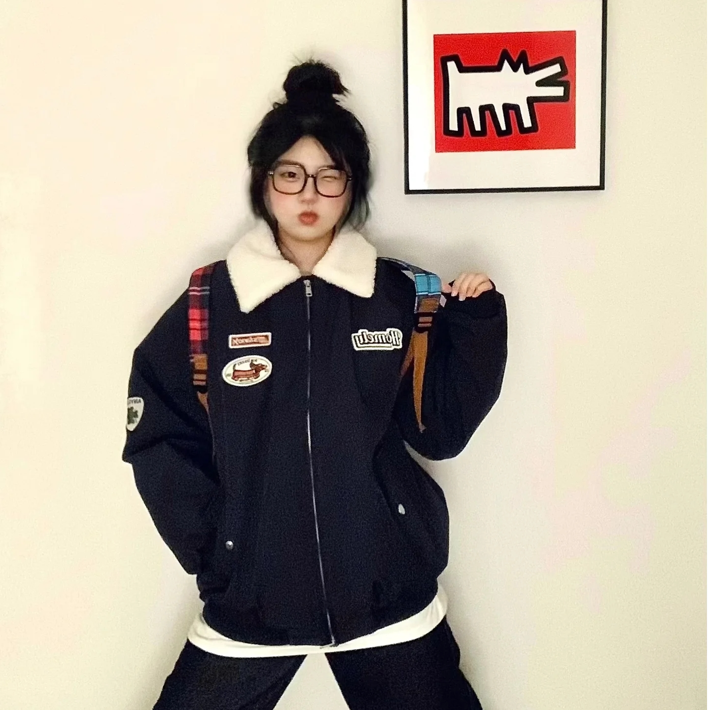 美式复古藏青色POLO领棉服女秋冬季宽松加厚保暖学院风百搭棉衣潮