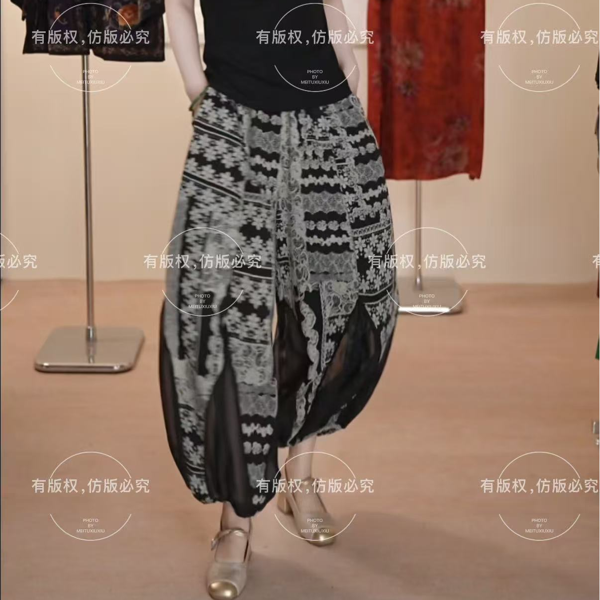 【有口袋】夏季百搭休闲气质显瘦轻奢女款拼接八片网纱南瓜裤1239