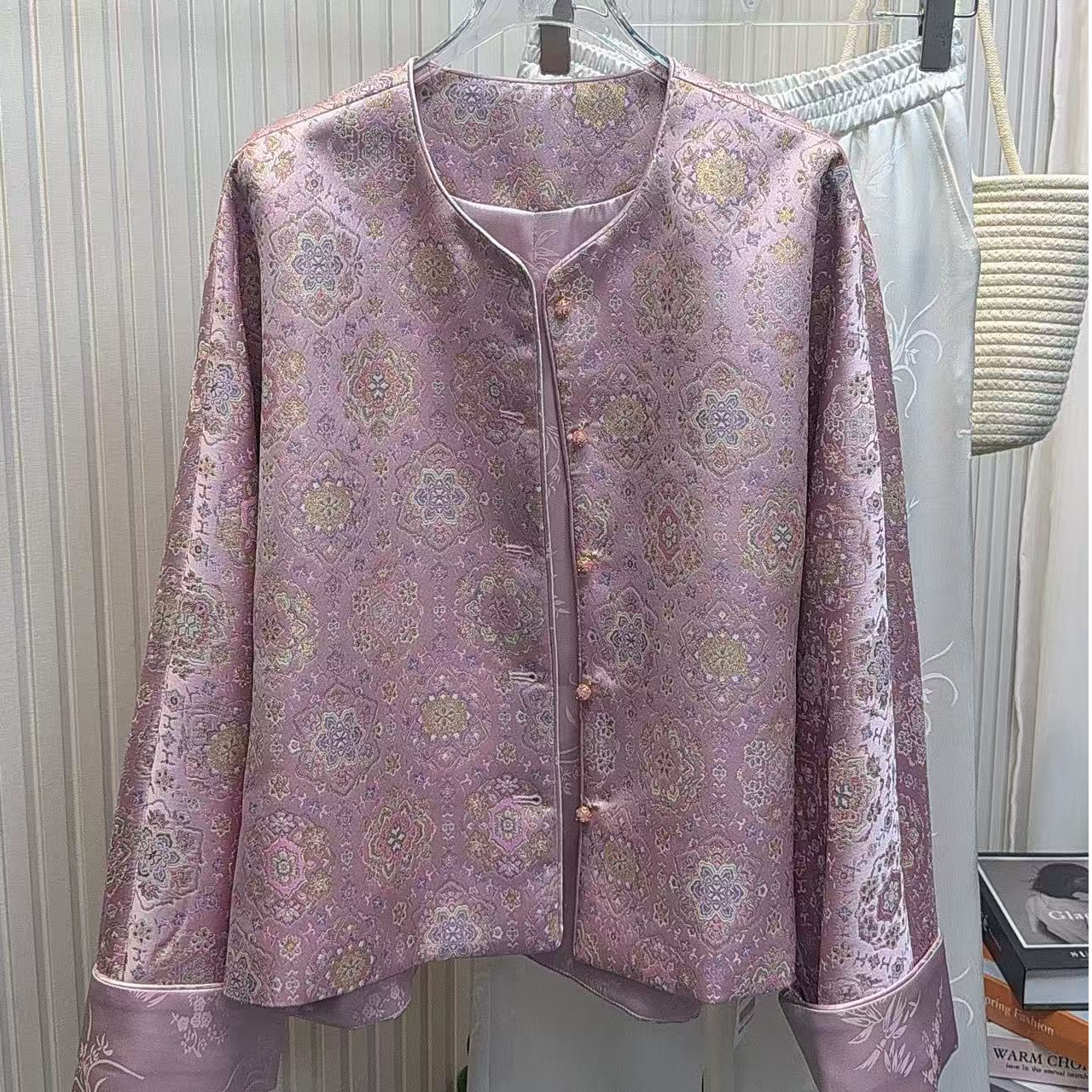 【灼灼其华】新中式国风粉色宝相花宋锦提花优雅复古外套女秋季休闲