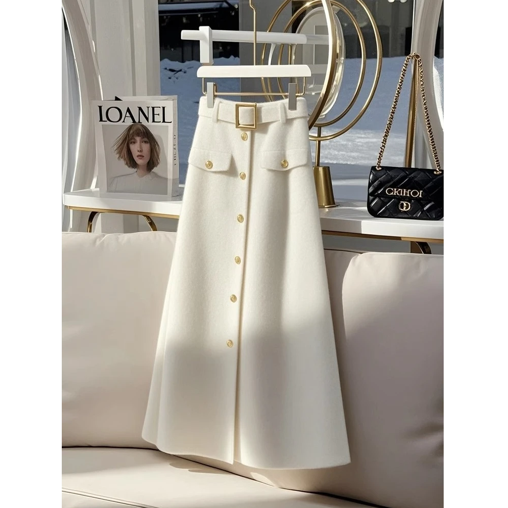 2025新款秋冬款独特绝美高级感高腰显瘦长裙气质白色a字半身裙女