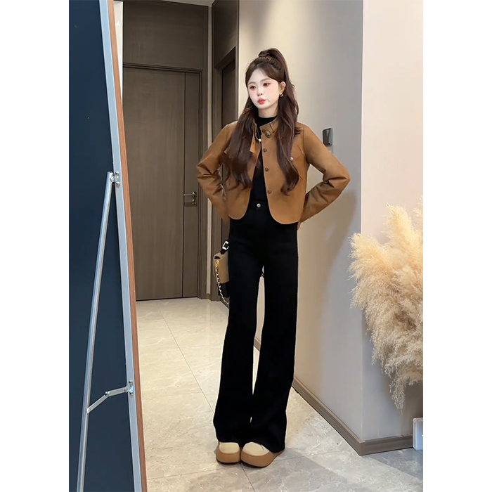 秋季搭配一整套女装2025新款韩版皮衣外套打底衫高腰直筒裤三件套