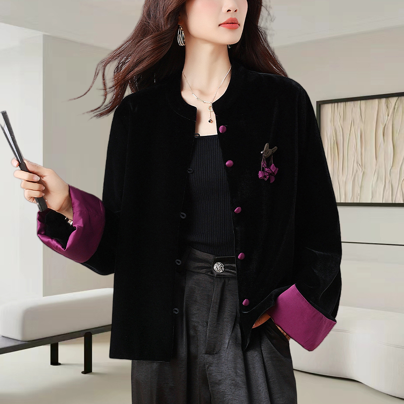 新中式国风盘扣黑色丝绒外套女2025秋季新款时尚宽松显瘦外塔上衣