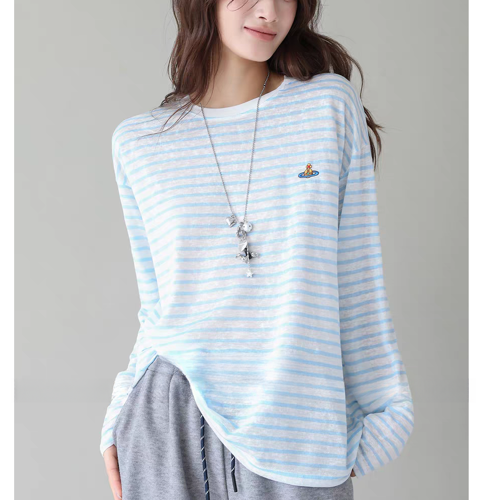 2025早秋新款长袖休闲风T恤蓝白条纹长款韩版显瘦百搭刺绣薄款女
