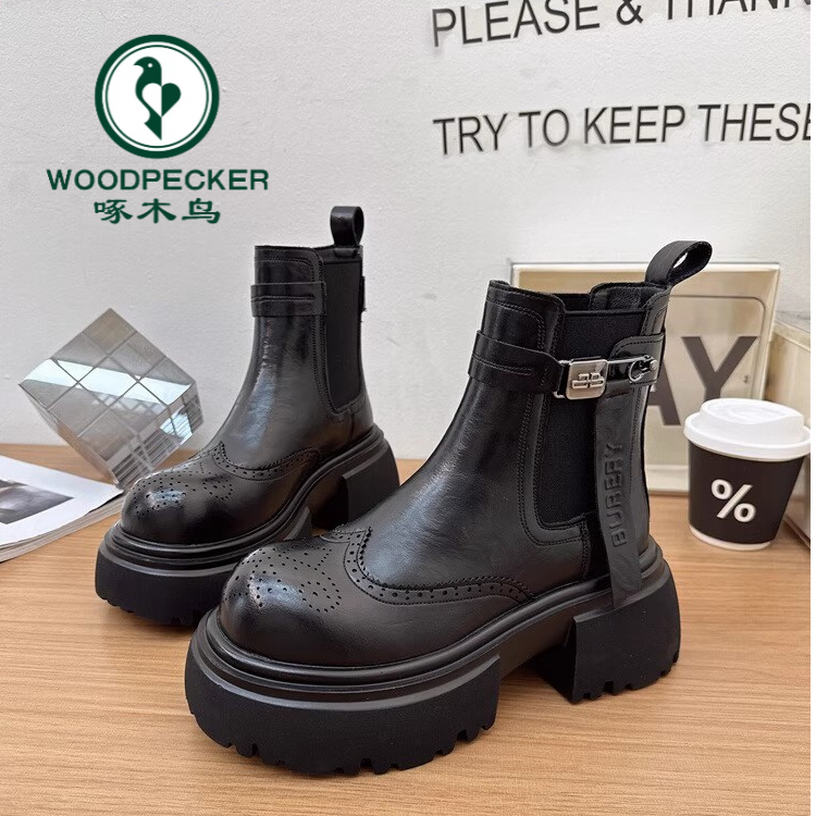 啄木鸟2025春秋新款英伦风厚底增高马丁靴女小个子切尔西短靴
