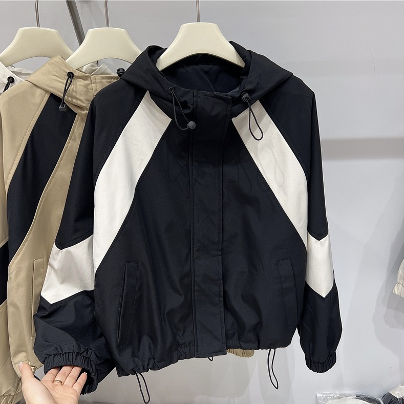 秋季拼色小个子连帽冲锋衣外套女夹克上衣设计感工装棒球服休闲