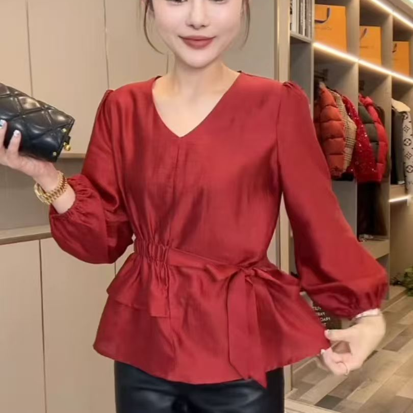 韩版休闲显瘦V领纯色衬衫潮欧洲站2026春季新款时尚百搭套头上衣