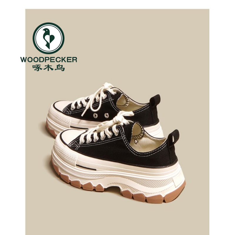 啄木鸟厚底帆布鞋女夏季2025新款春秋休闲增高松糕运动小白板鞋