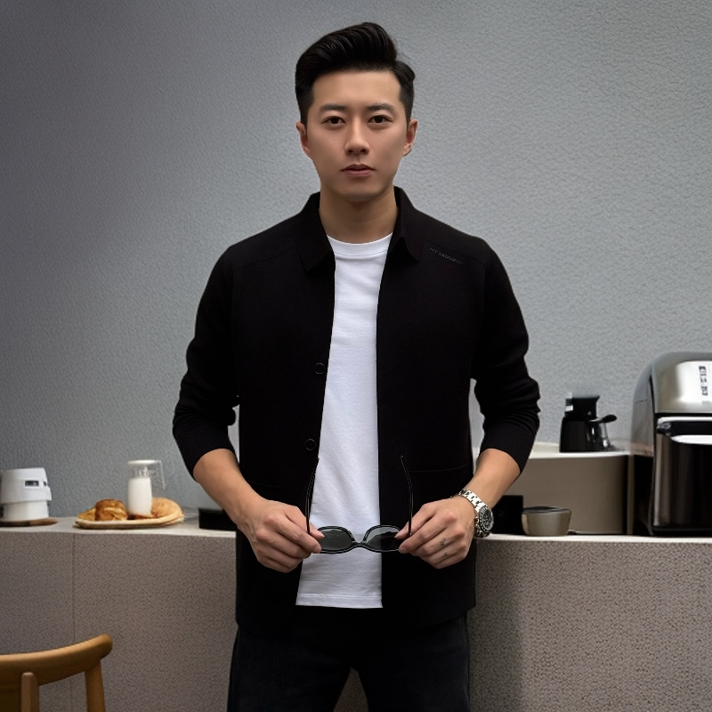 小杰/L-jie 男士秋季时尚翻领弹力针织夹克开衫(0006)