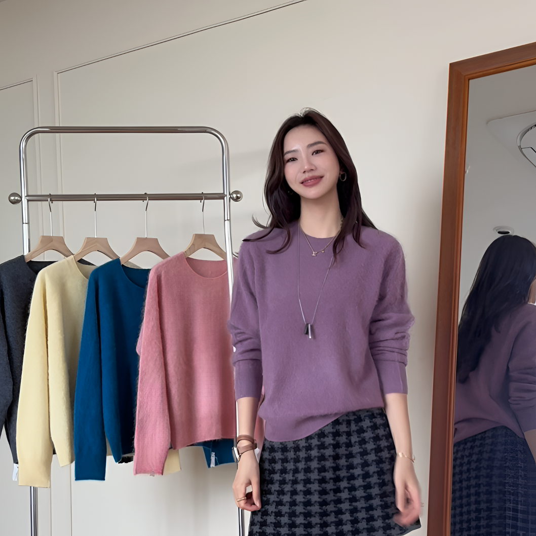 【余欢欢】秋季慵懒风百搭纯色羊毛羊绒拉毛针织毛衣-YHW50715