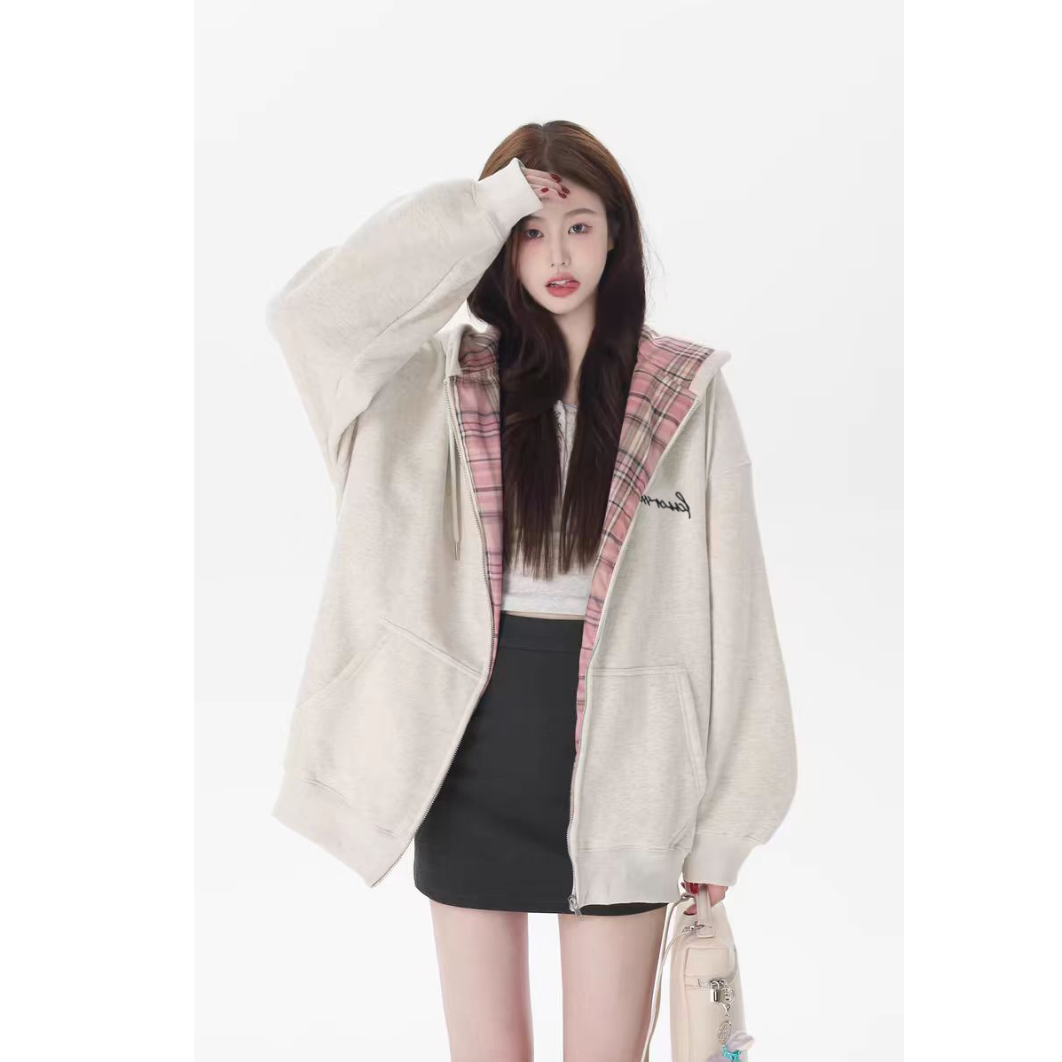 FALLME秋冬美式格子拉链外套男女遮屁股加绒加厚连帽衫上衣卫衣