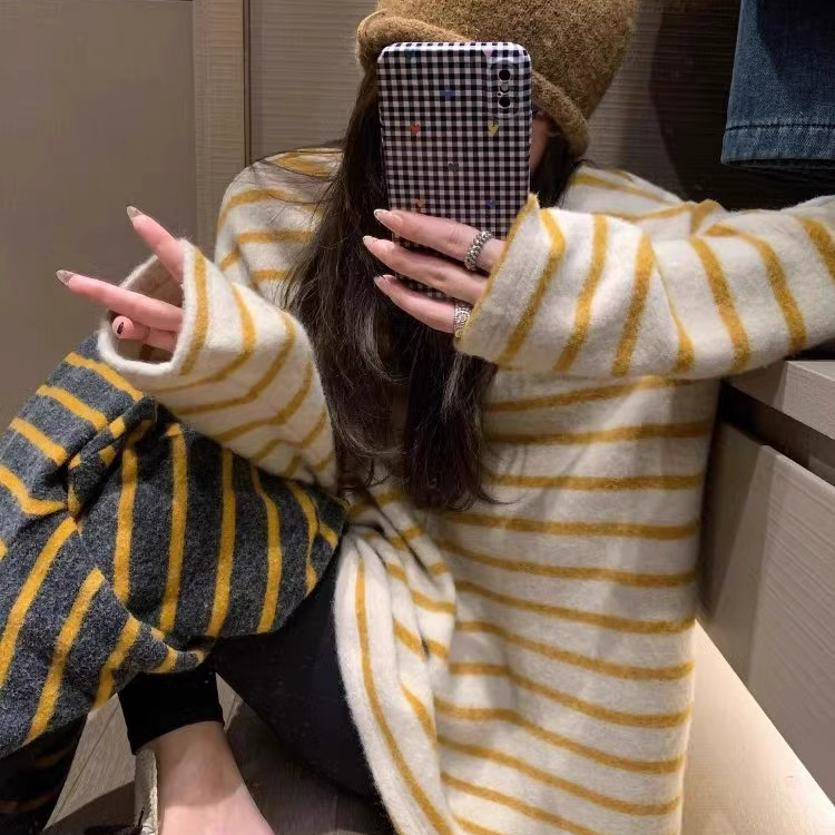 现货【运补4-5】韩版磨绒软糯慵懒风条纹T恤撞色长袖圆领外穿上衣