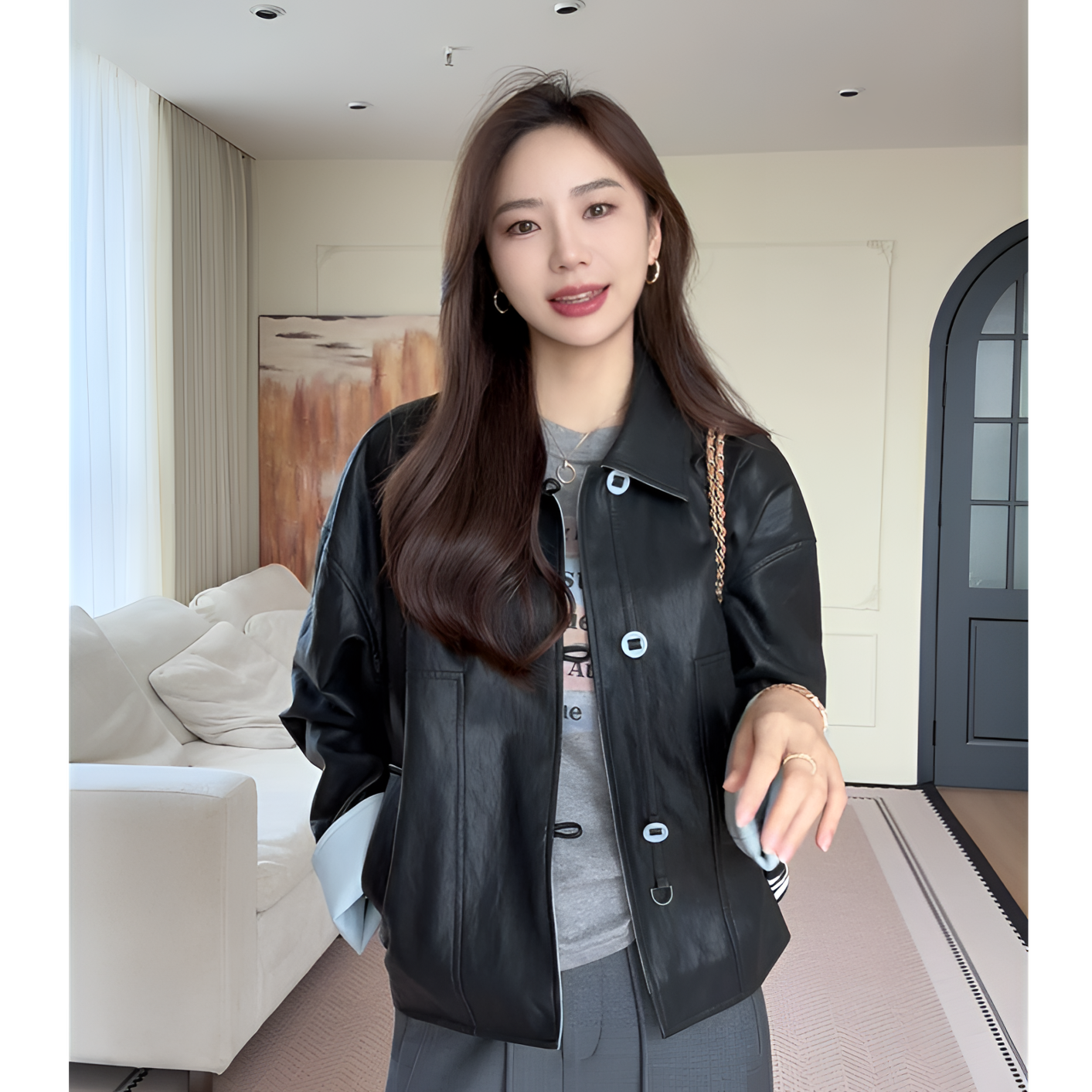 【余欢欢】秋季百搭休闲时尚拼色翻领小皮衣-YHW50791