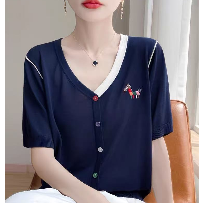 100%莱赛尔（彩虹小马）夏季新款V领刺绣针织T恤短袖假开衫薄款女