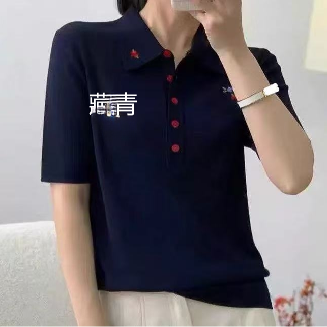 8353号5218#翻领多色刺绣小熊质感针织短袖（预）