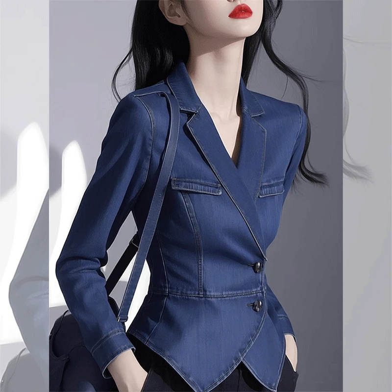 洋气冷淡系感蓝色牛仔掐腰衬衫早秋独特小众轻奢减龄时尚百搭春秋