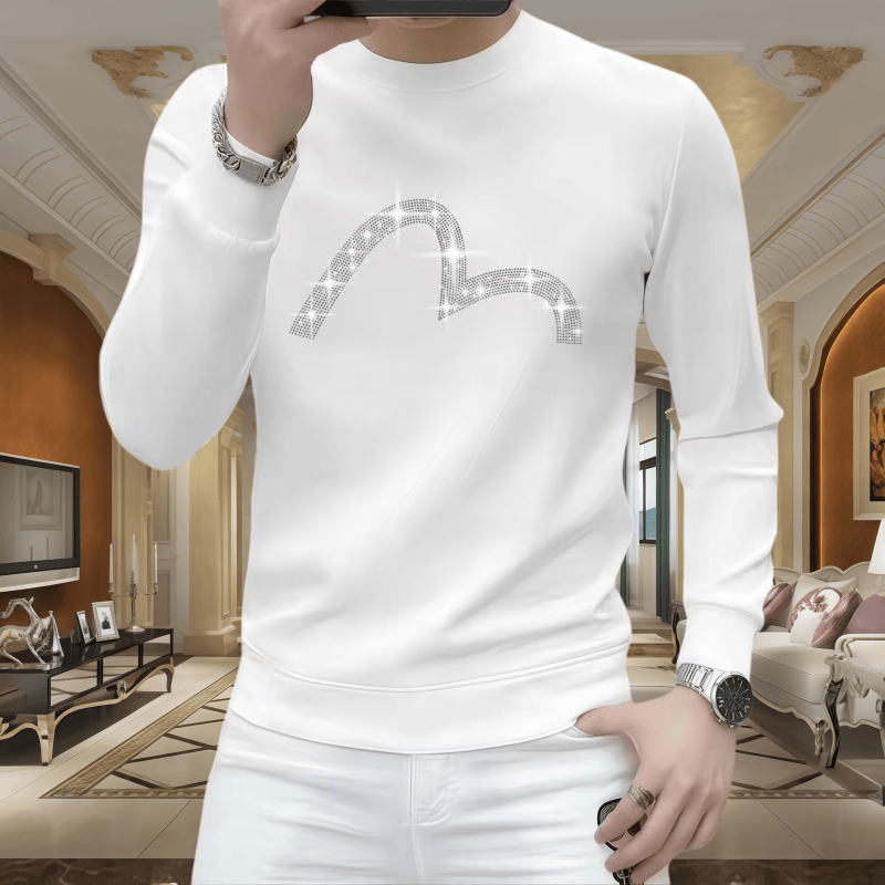 2025新款烫钻秋冬修身圆领休闲长袖上衣男士时尚潮流套头帅气卫衣