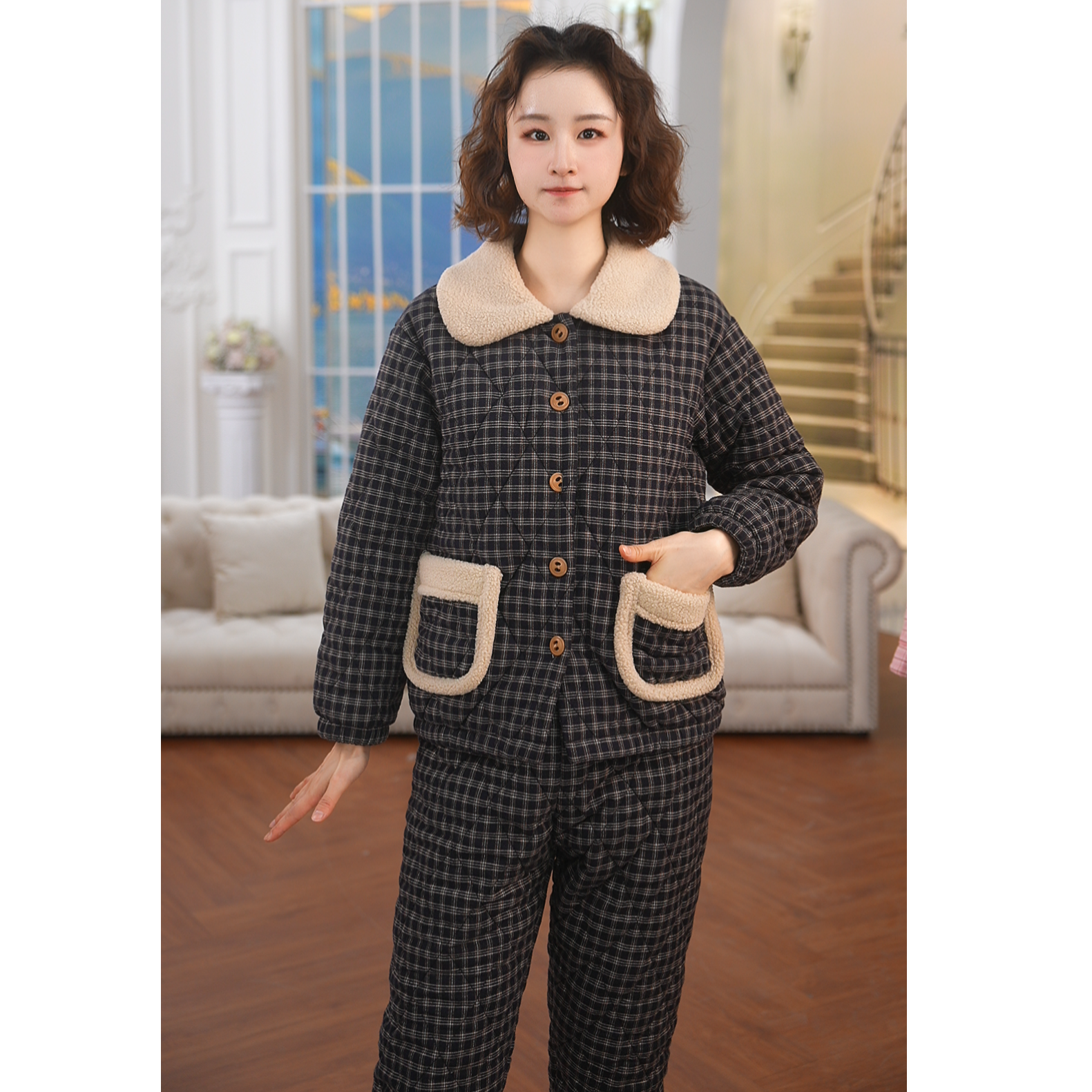 梭织色织格三夹棉扣领长袖长裤女套