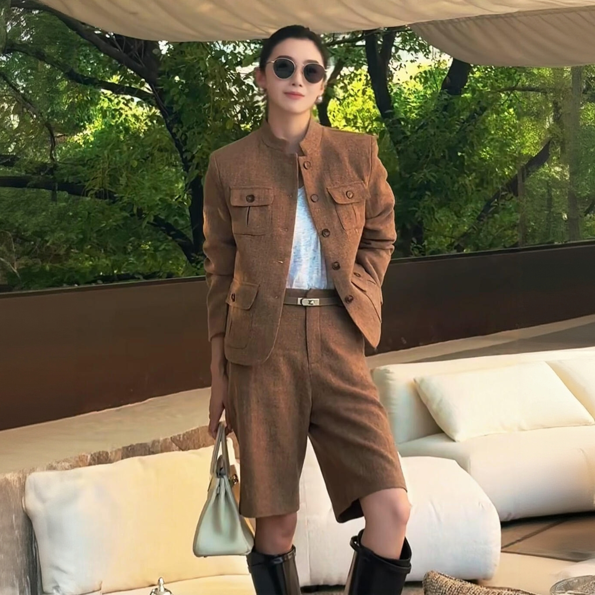 轻奢老钱风毛呢外套工装套装女冬季新款高级感立领外套短款两件套