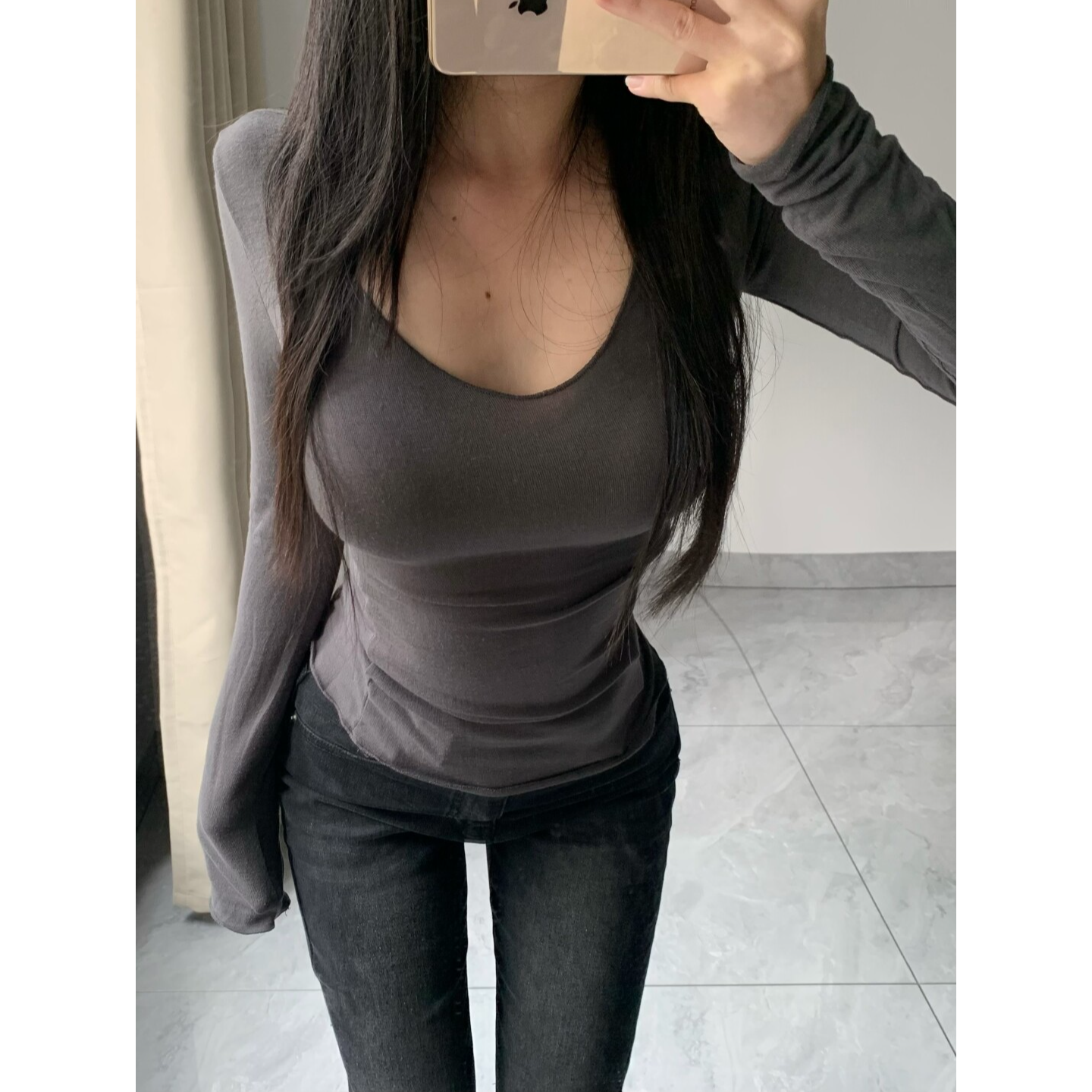 【镇店面膜T】大领口弹力修身显身材T恤女纯欲长袖磨毛加厚打底上衣