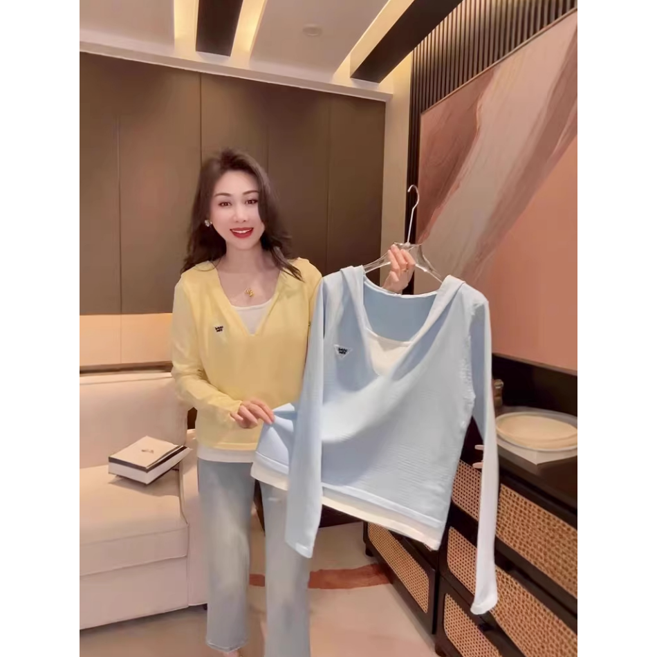 连帽假两件长袖针织衫开春搭配V领时尚气质小众小个子套头上衣