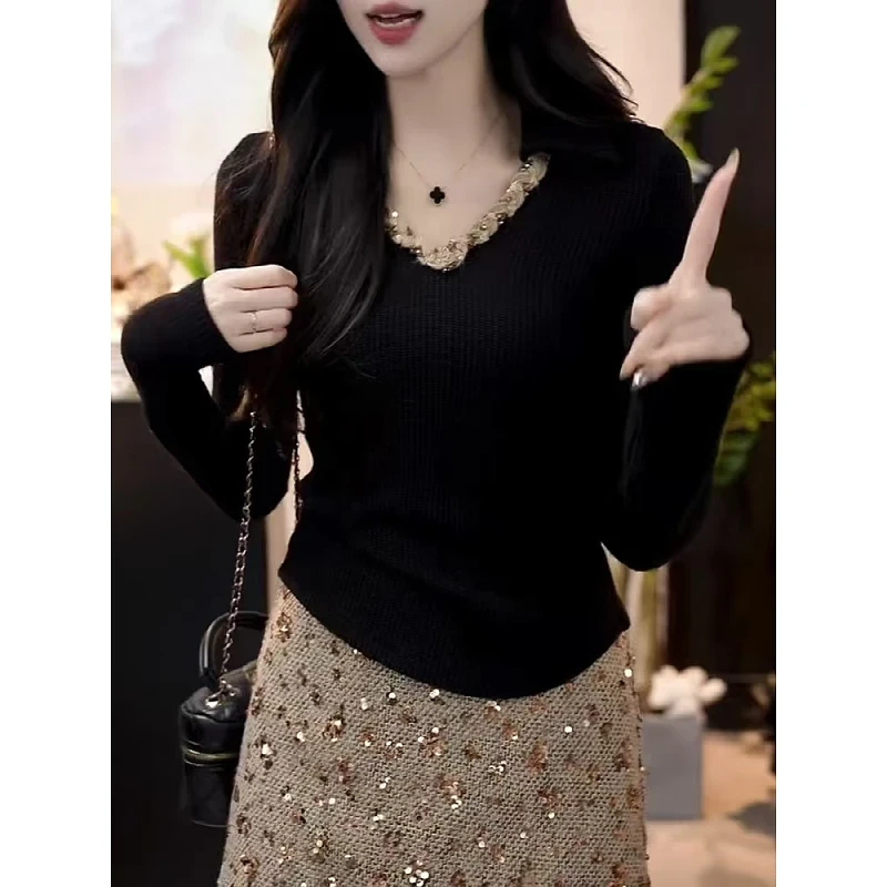 小香风V领针织衫女大码胖mm秋季款时尚洋气内搭修身打底长袖上衣