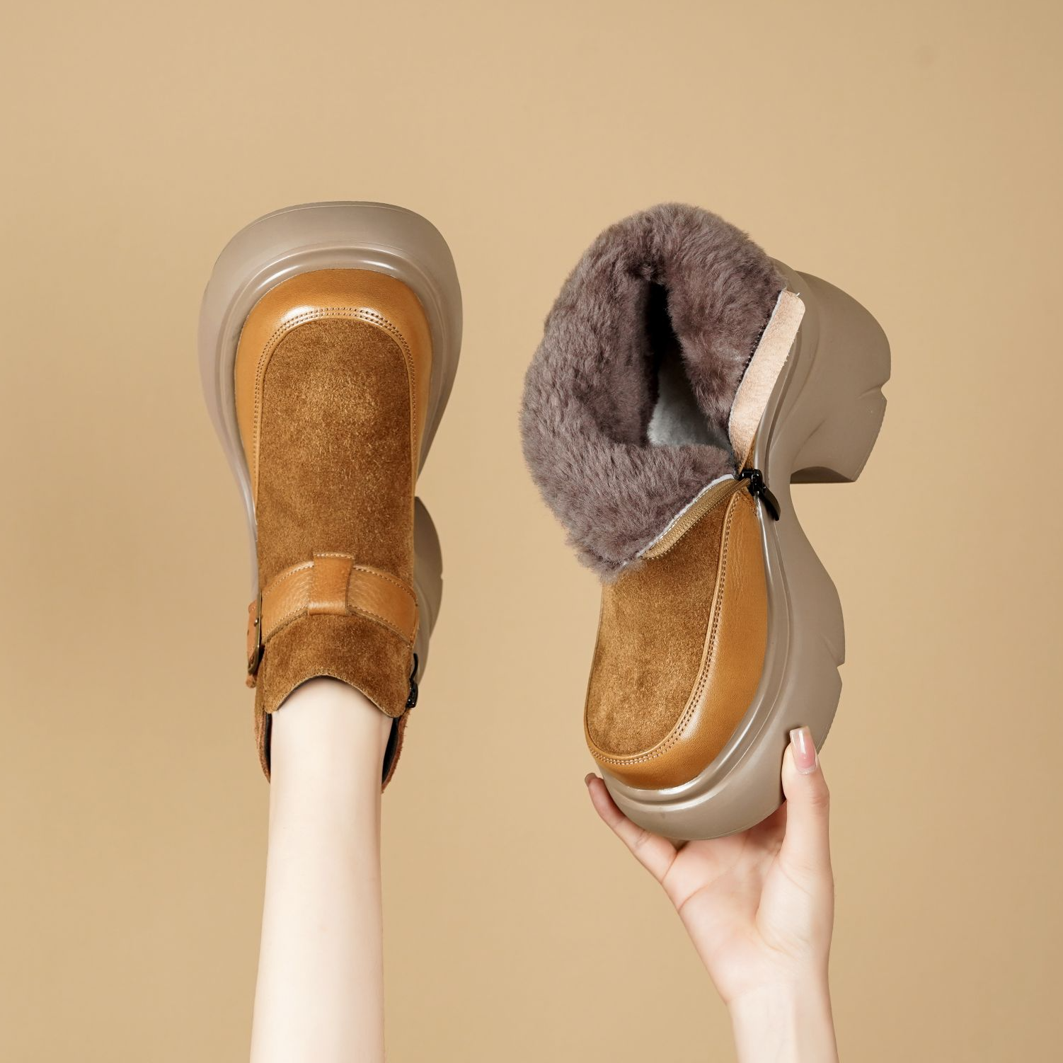 头层牛皮磨砂短靴女冬真皮高跟小个子厚底增高加绒加厚时尚女鞋子