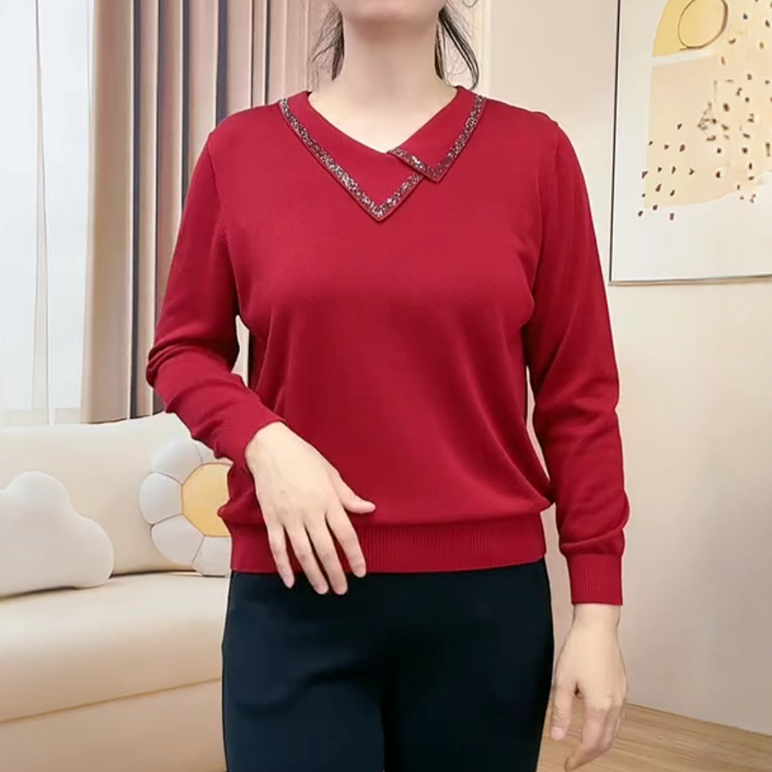 天丝妈妈装减龄不规则领小衫女装独特漂亮休闲长袖针织衫上衣