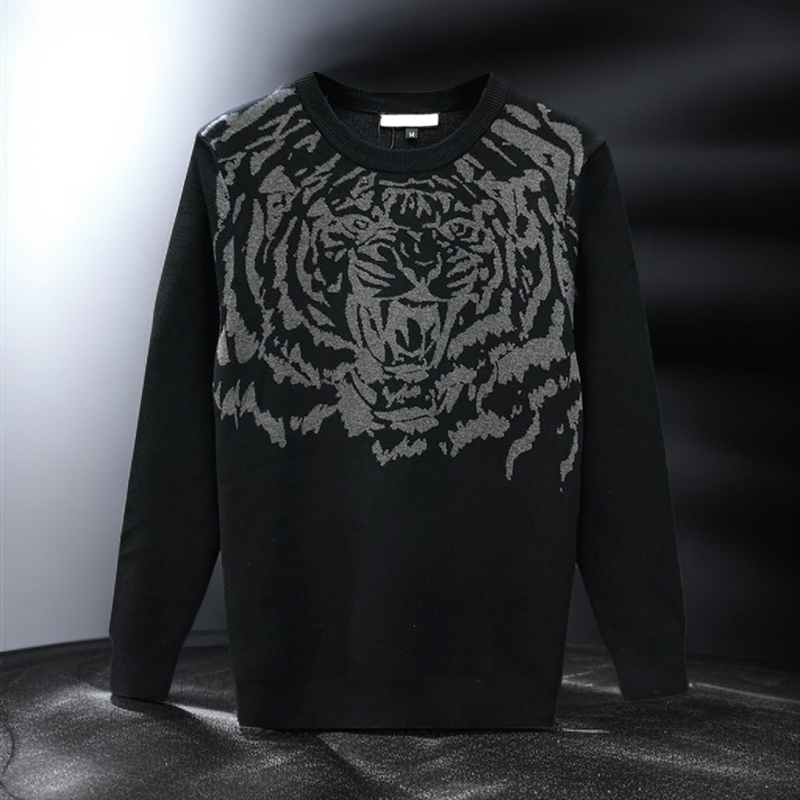 劳玛杜伽春秋季男士时尚提花上衣潮流休闲圆领宽松百搭男款针织衫